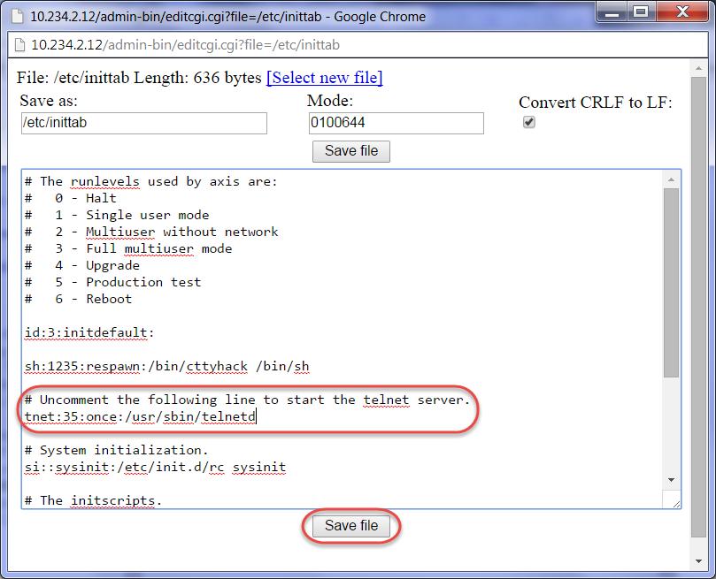 Allow a telnet connection to the Axis camera